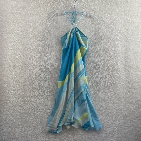 Express Dresses & Skirts - Y2K 2000s Express Blue Pattern Chiffon Mesh O-Ring Halter Midi Dress 2 S Small